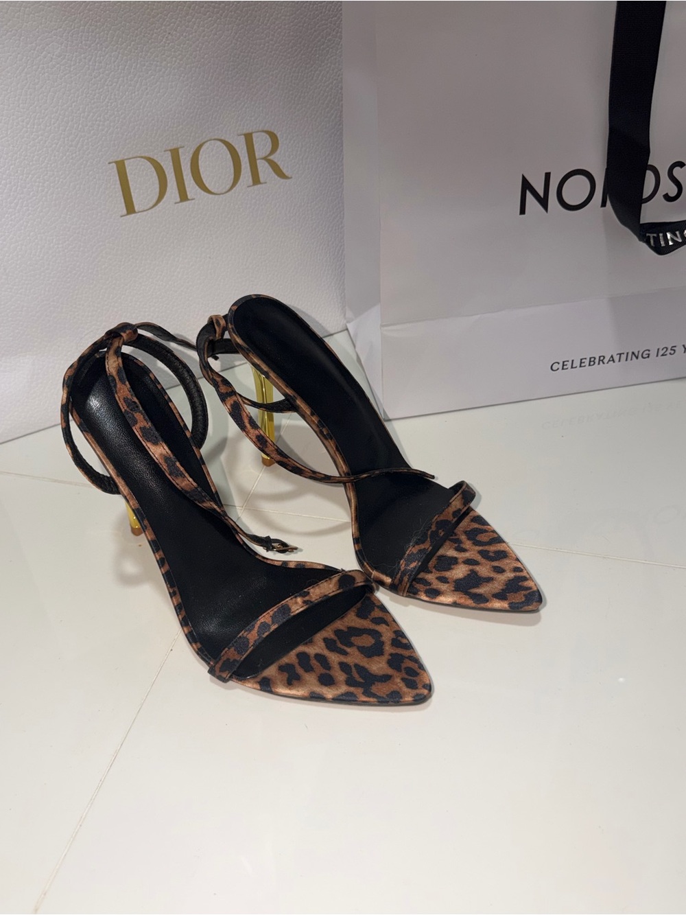Dior Leopard-Print Pointed-Toe Ankle-Strap Heels — Brown/Black
